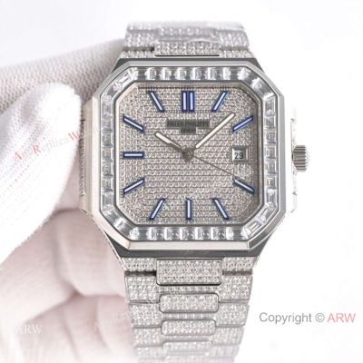 Full Iced Patek Philippe Cubitus Swiss Replica Watches Baguettes Diamond Bezel